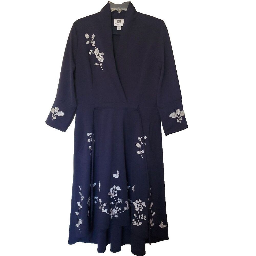 Vicky and Lucas Navy Blue Floral Embroidered Wrap Midi Dress XL 3/4 Sleeve